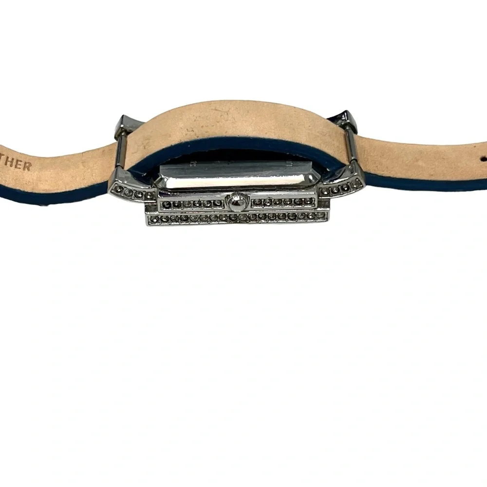ADRIENNE LIMITED PAVE CRYSTAL ART DECO WATCH W BLUE LEATHER LIZARD PRINT BAND